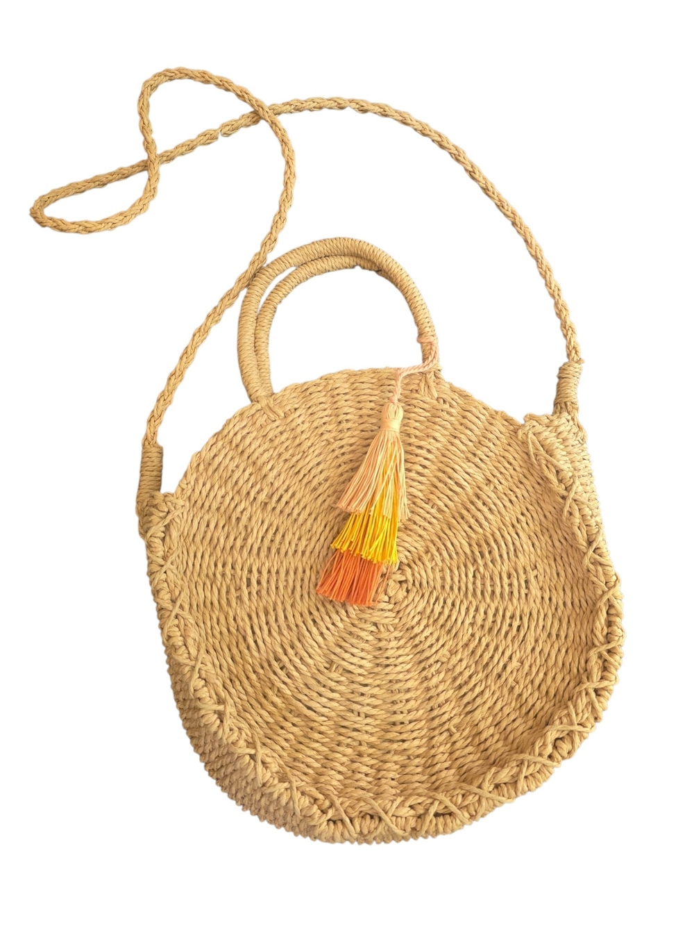 Woven Round Straw Crossbody Bag with Tassel - Natural